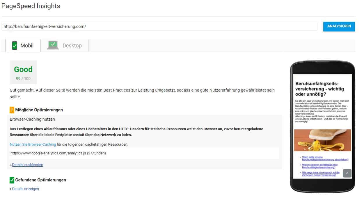 Pagespeed-Score eines Onepagers - Hier macht das CSS im Head Sinn